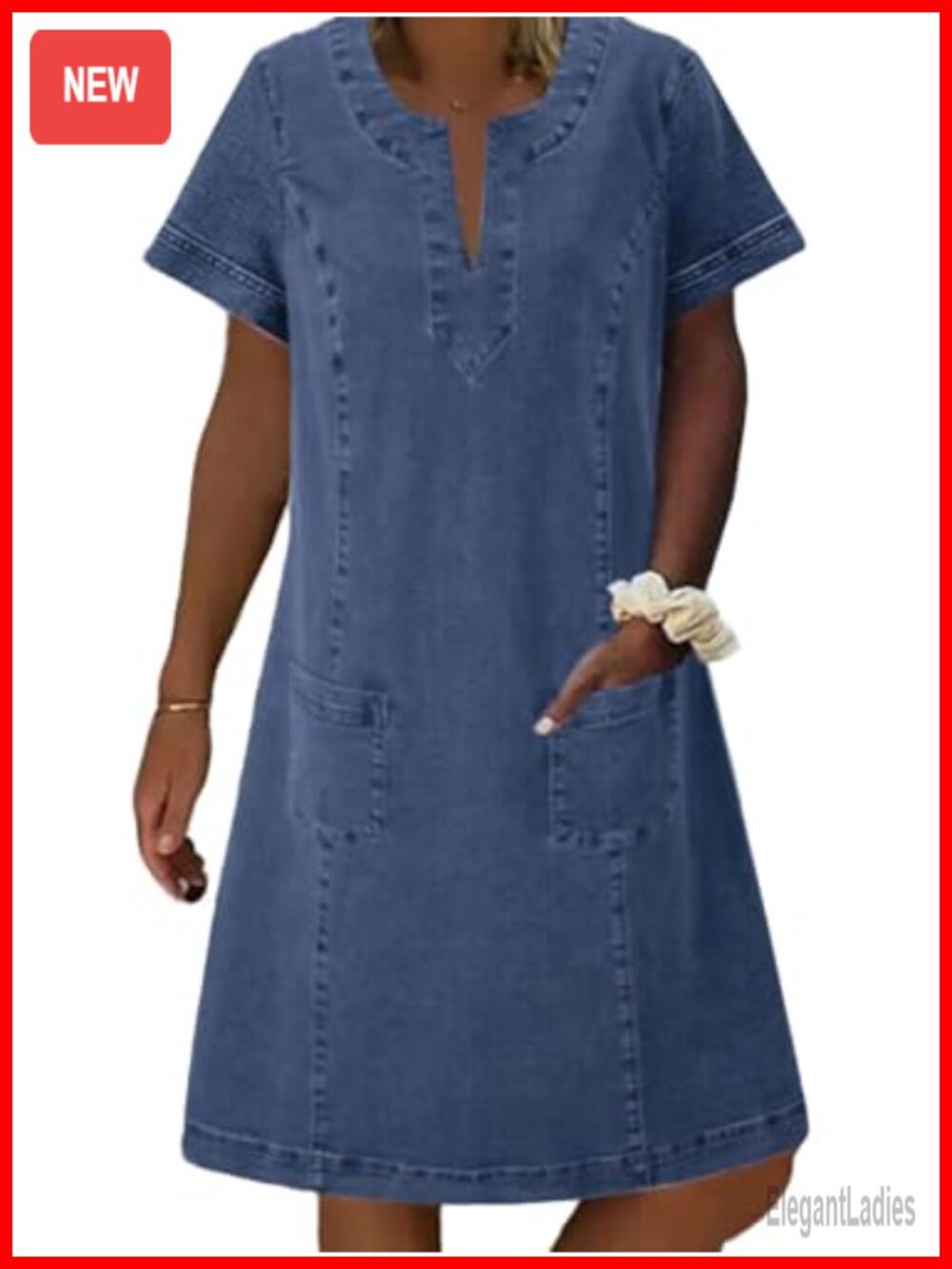 Denim Dress Short Sleeve V-Neck Back Zipper Shift Jean Dress